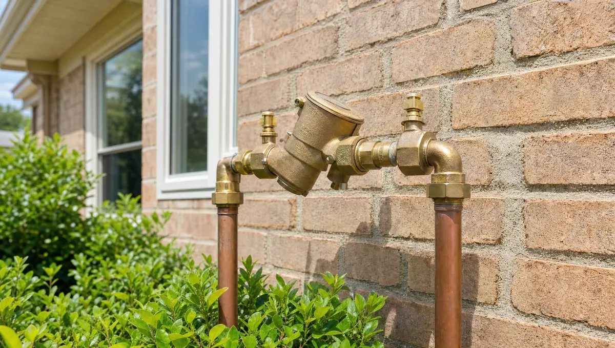 Brass irrigation backflow preventer assembly mounted on copper pipes against the brick wall of a suburban home