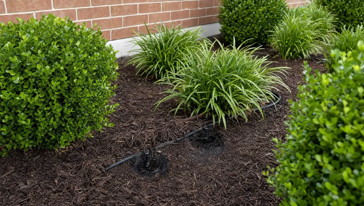 Landscape bed with mulch pulled back to reveal drip irrigation tubing and emitters watering at the base of each shrub