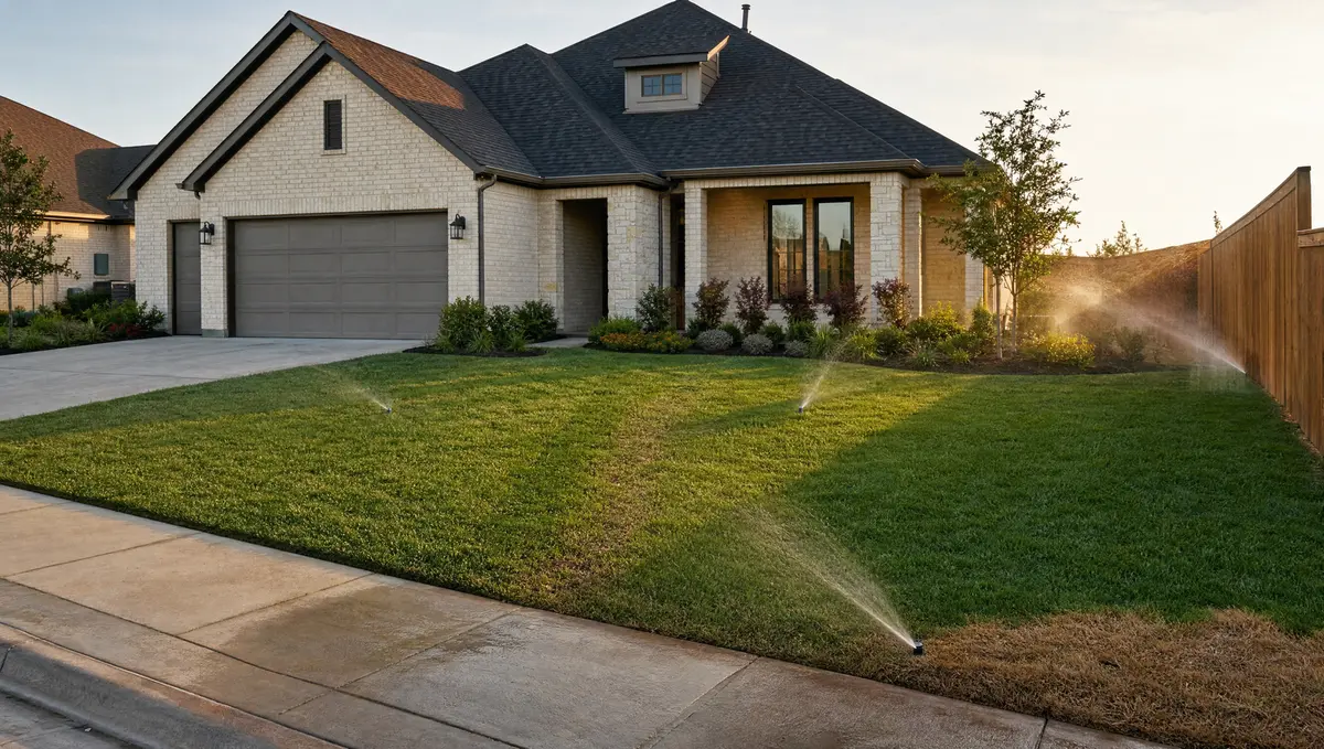 Master-planned-community suburban home with sprinklers running and subtle coverage gaps in the lawn