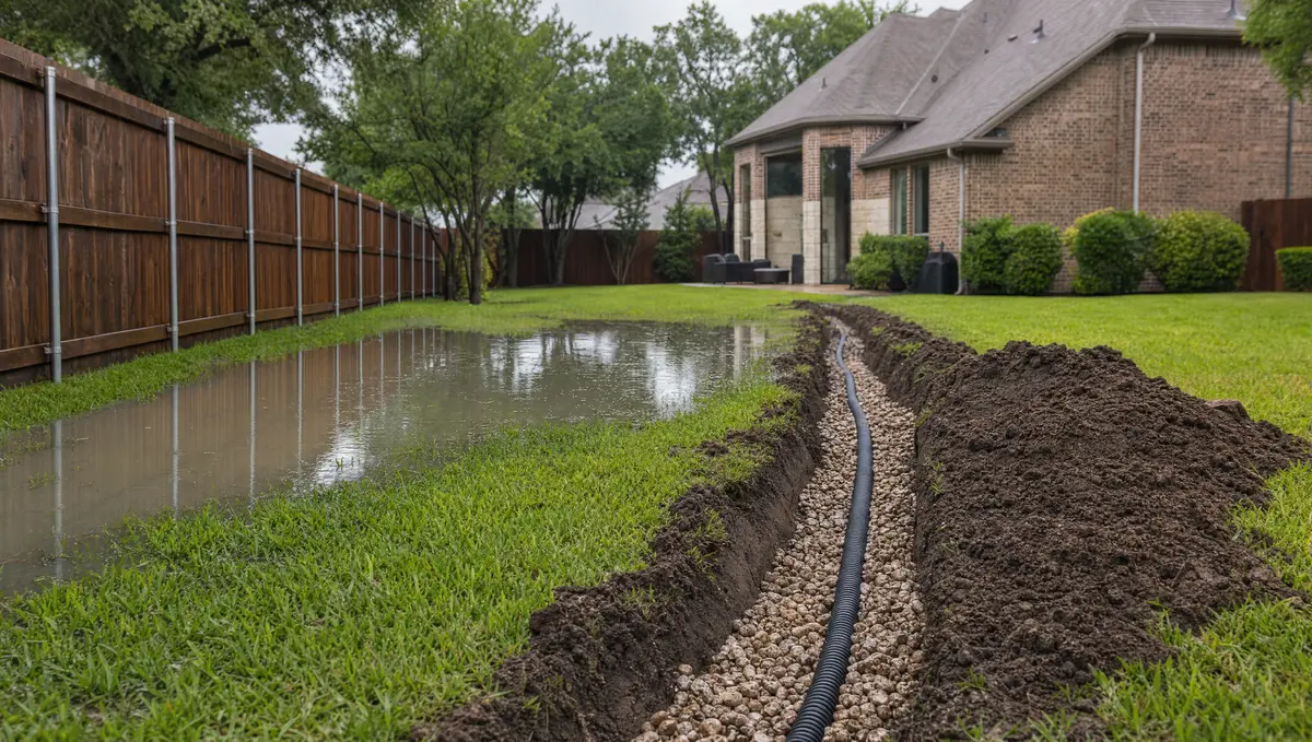 Standing water in a North Texas back yard next to a partially exposed French drain trench with gravel and perforated pipe