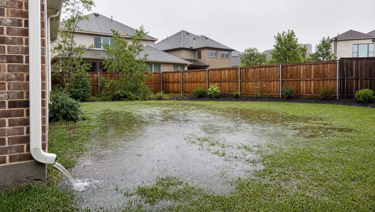 Suburban backyard after heavy rain with water pooled across the lawn and a downspout discharging at the corner of the house