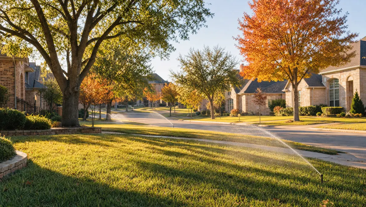 Suburban North Texas street in early October with sprinklers running and trees turning gold and rust