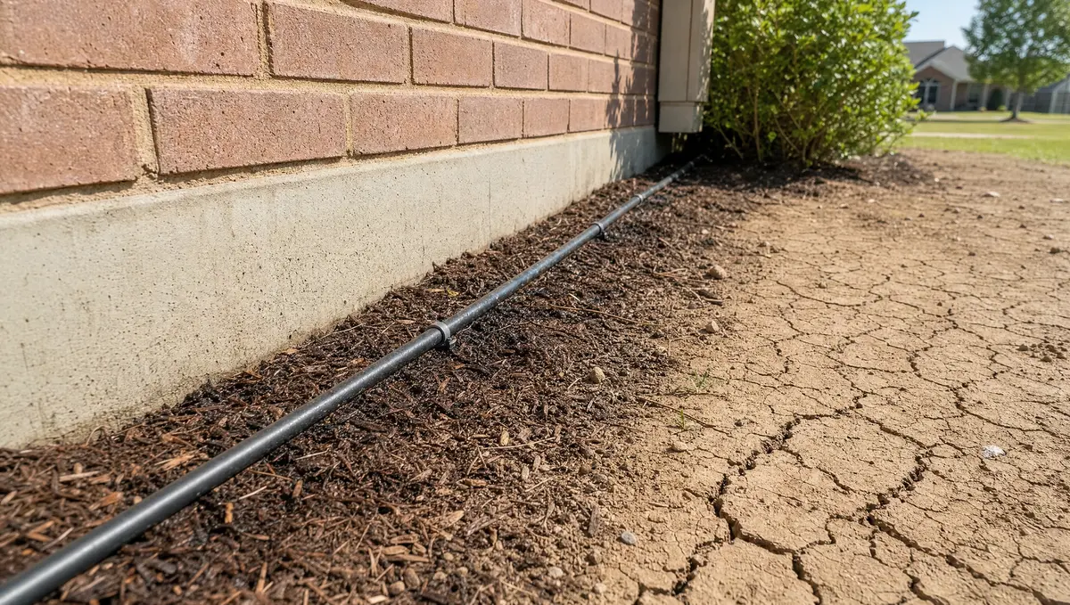 Drip irrigation line running along a house foundation through mulch, beside bare clay soil showing deep shrinkage cracks