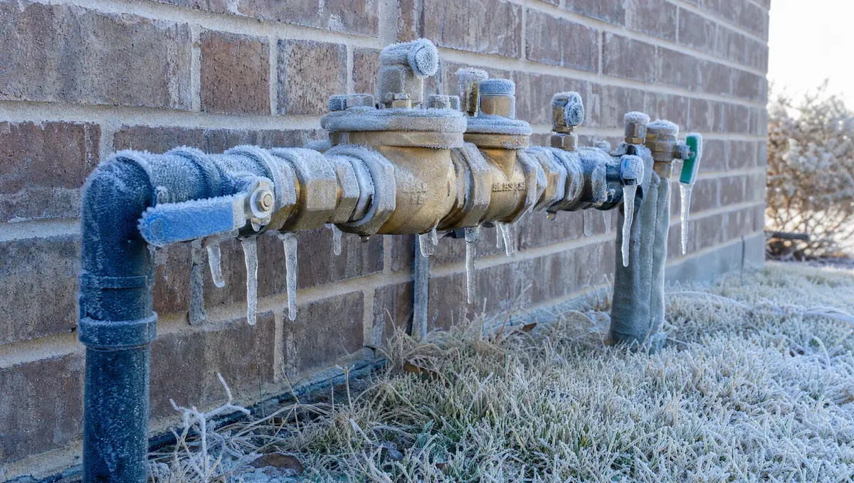 Brass backflow preventer coated in frost with icicles hanging from the fittings after a hard Texas freeze