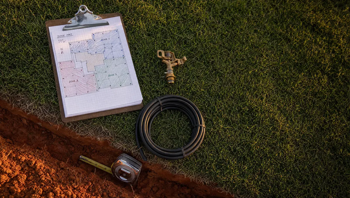Sprinkler zone design walk with clipboard, Rain Bird head, and poly pipe on Bermuda grass
