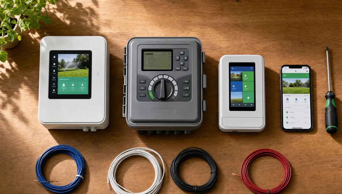 Three residential smart sprinkler controllers side by side with a controller app on a smartphone
