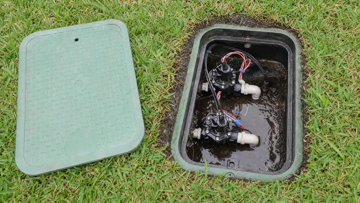 Open irrigation valve box in a lawn with the lid removed, showing two valves sitting in standing water