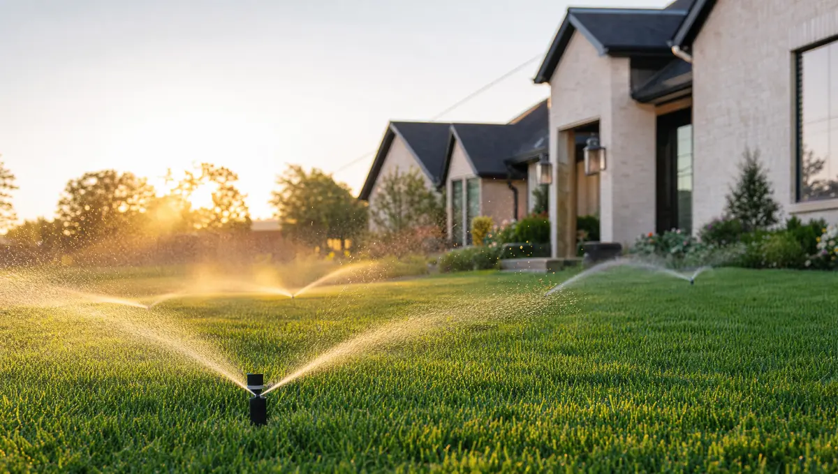 Residential sprinkler system running at sunrise with mist catching golden light over a healthy Bermuda lawn