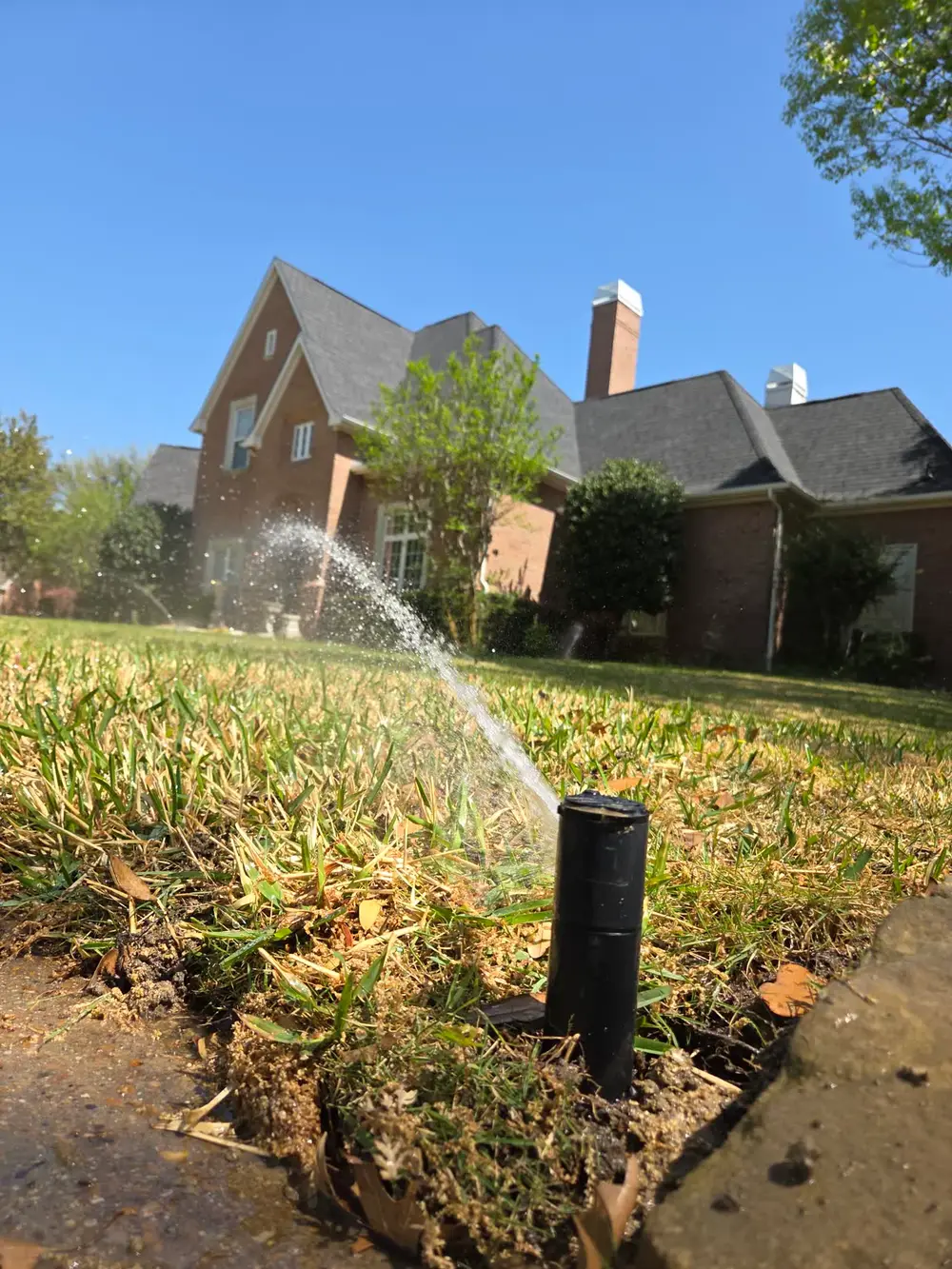 Sprinkler head at brick home under clear blue Texas sky