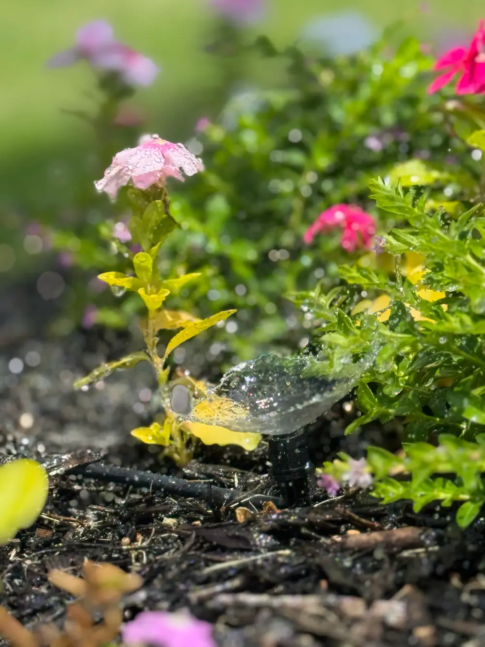 Macro close-up of drip irrigation head with bokeh